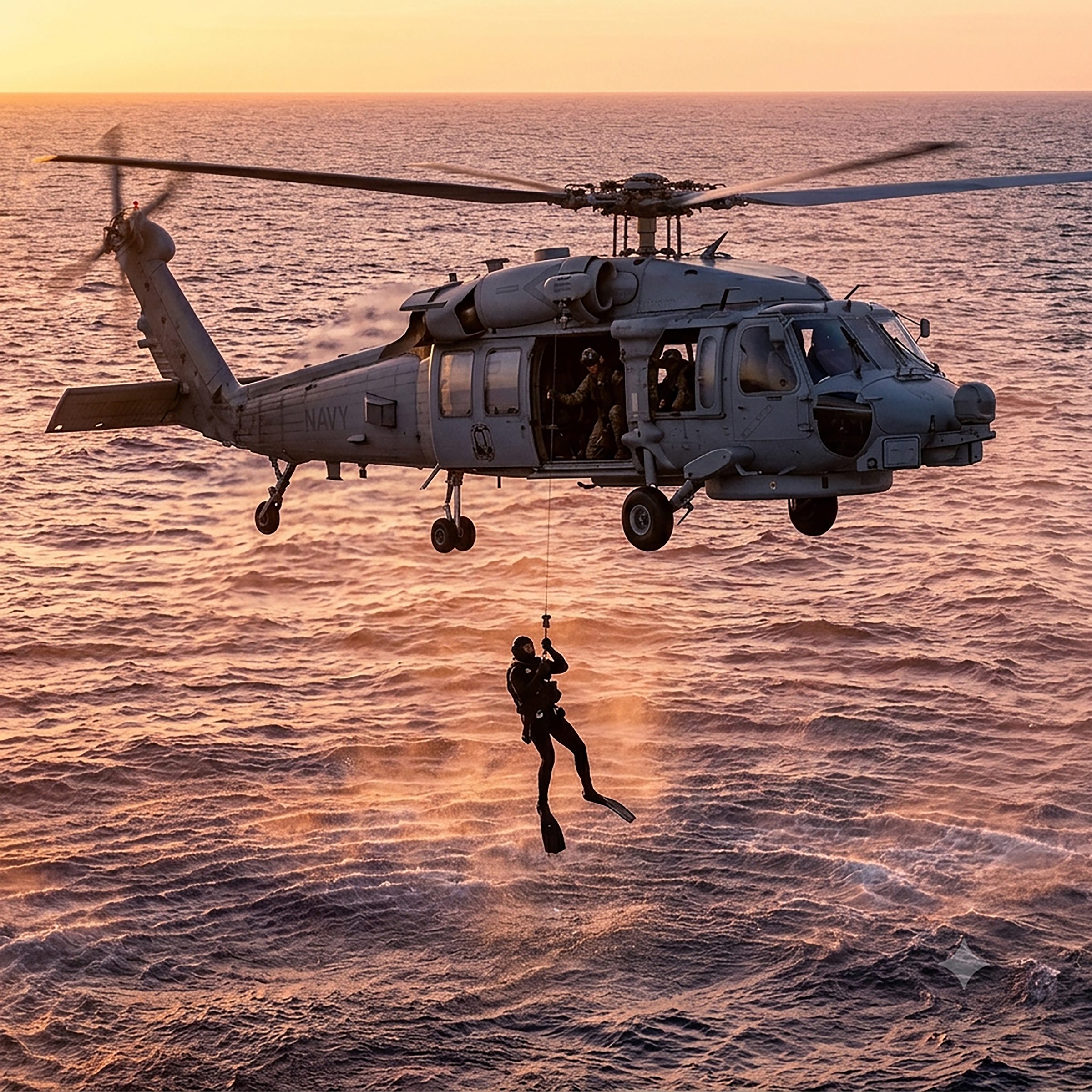 A Navy SAR swimmer being hoisted from the ocean at sunset beneath an HH-60 helicopter